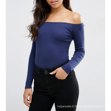 Sexy Fashion manches longues au large de l&#39;épaule Femmes coton Rib Top